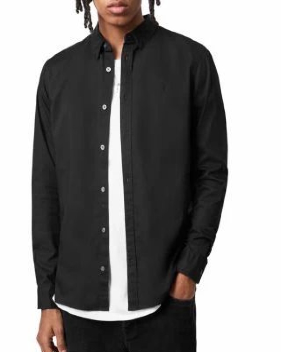 Men * | Hawthorne Cotton Solid Regular Fit Button Down Shirt Allsaints Black