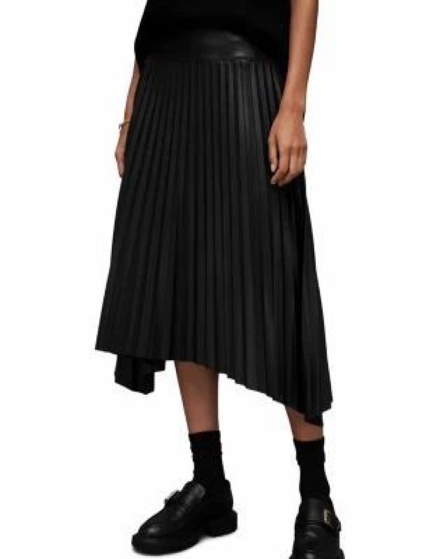 Women * | Sylyv Faux Leather Pleated Midi Skirt Allsaints Black