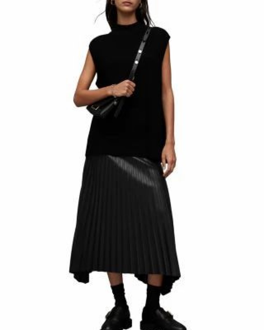 Women * | Sylyv Faux Leather Pleated Midi Skirt Allsaints Black