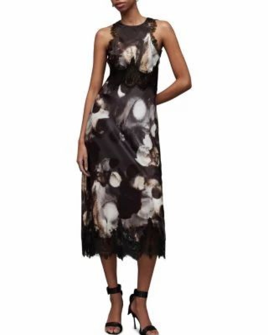 Women * | Alula Mars Printed Lace Trim Sleeveless Dress Allsaints Gray